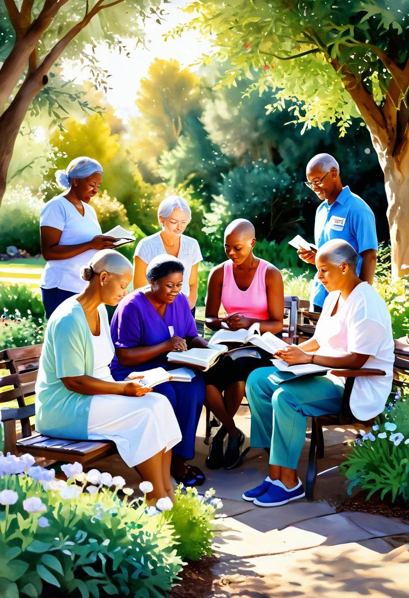 A serene and uplifting scene featuring a diverse group of cancer survivors sharing wellness tips in a sunlit garden. Include elements like blooming flowers, sunlight filtering through the leaves, and open books filled with wellness strategies. Capture expressions of hope, empowerment, and community support among the survivors. watercolor. vibrant colors. soft background.