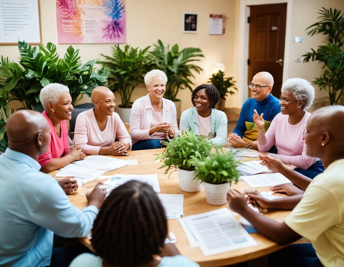 A diverse group of cancer survivors engaging in a community workshop, surrounded by bright educational materials and supportive resources. There's a sense of empowerment and hope, with smiling faces and hands raised in discussion. Soft, warm lighting enhances the feeling of connection and togetherness. The background features plants and inspiring quotes. vibrant colors. 3D.